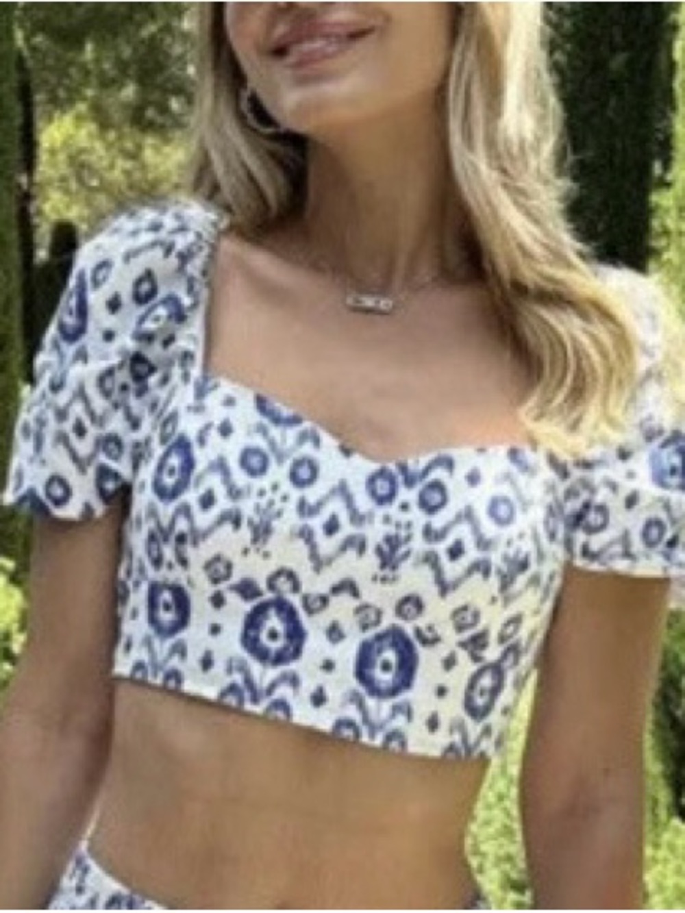 Zara White and Blue Floral Square-Neck Crop Top